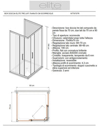 Box Doccia Elite Tre Lati 70x90x70 Cm Scorrevole Trasparente