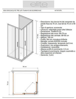 Box Doccia Elite Tre Lati 70x90x70 Cm Scorrevole Trasparente