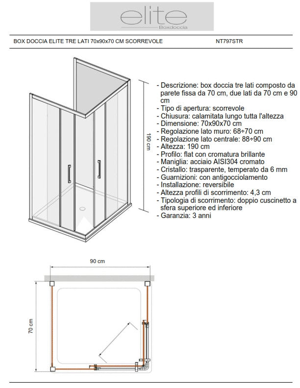 Box Doccia Elite Tre Lati 70x90x70 Cm Scorrevole Trasparente