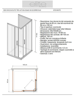 Box Doccia Elite Tre Lati 80x100x80 Cm Scorrevole Opaco
