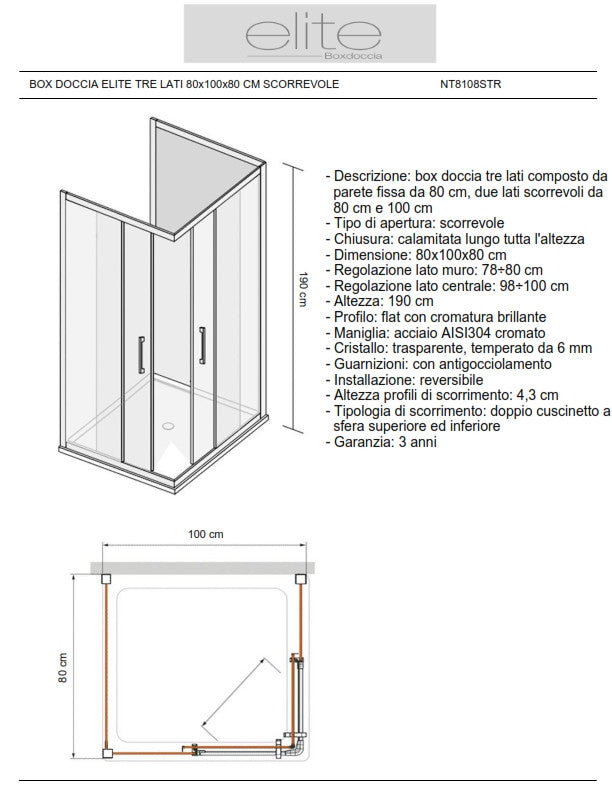 Box Doccia Elite Tre Lati 80x100x80 Cm Scorrevole Opaco