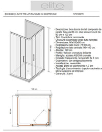 Box Doccia Elite Tre Lati 80x100x80 Cm Scorrevole Trasparente