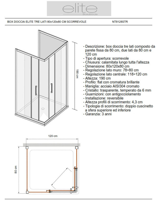Box Doccia Elite Tre Lati 80x120x80 Cm Scorrevole Trasparente