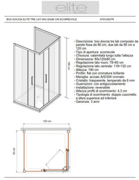 Box Doccia Elite Tre Lati 80x120x80 Cm Scorrevole Trasparente