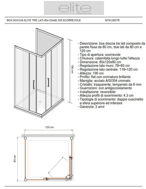 Box Doccia Elite Tre Lati 80x120x80 Cm Scorrevole Trasparente