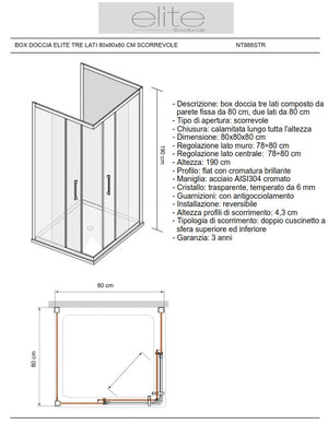 Box Doccia Elite Tre Lati 80x80x80 Cm Scorrevole Trasparente