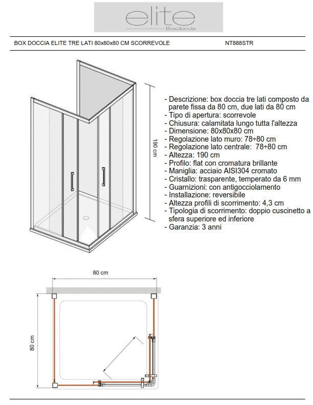 Box Doccia Elite Tre Lati 80x80x80 Cm Scorrevole Trasparente