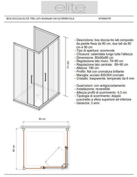 Box Doccia Elite Tre Lati 80x90x80 Cm Scorrevole Opaco