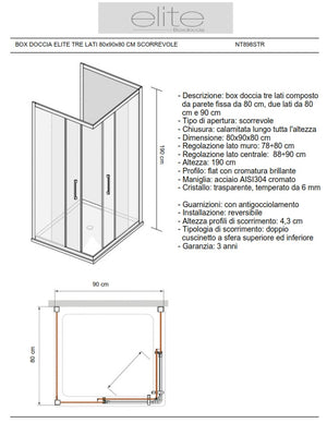 Box Doccia Elite Tre Lati 80x90x80 Cm Scorrevole Opaco