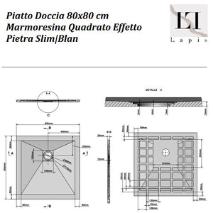 Piatto Doccia  80x80 cm Marmoresina Quadrato Bianco Effetto Piet