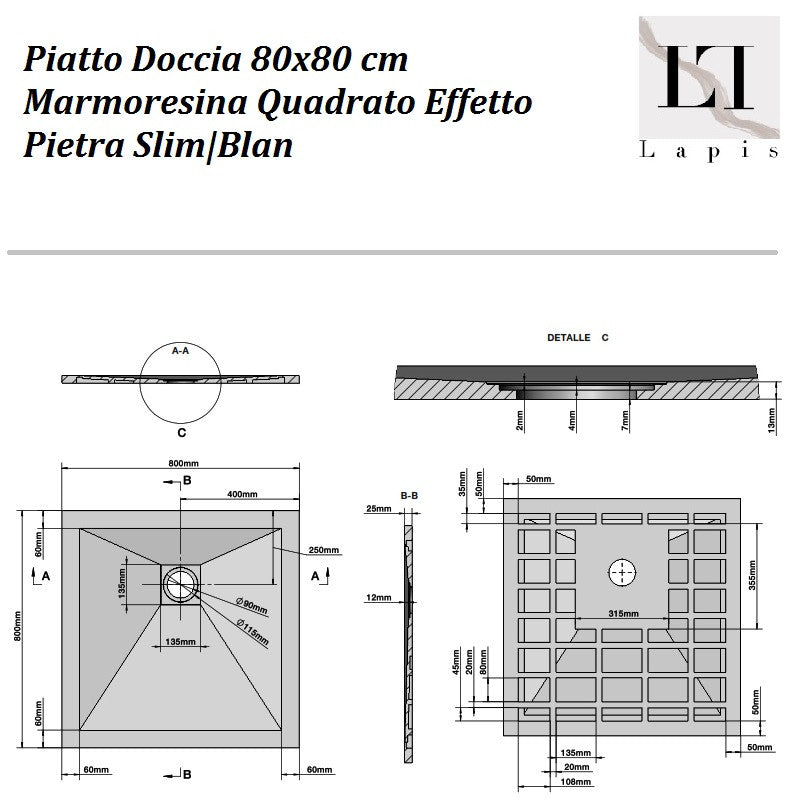 Piatto Doccia  80x80 cm Marmoresina Quadrato Bianco Effetto Piet