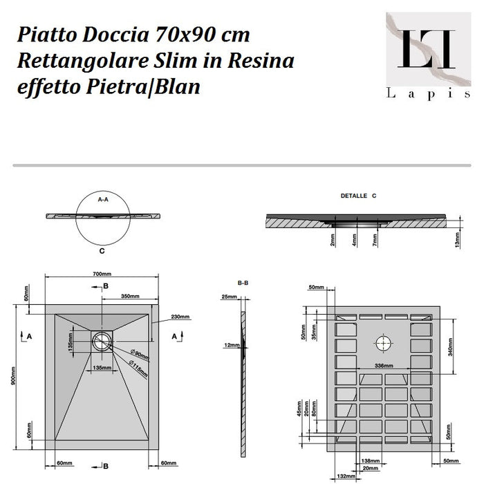 Piatto Doccia Antiscivolo 70x90 cm in Marmoresina  Effetto Pietr
