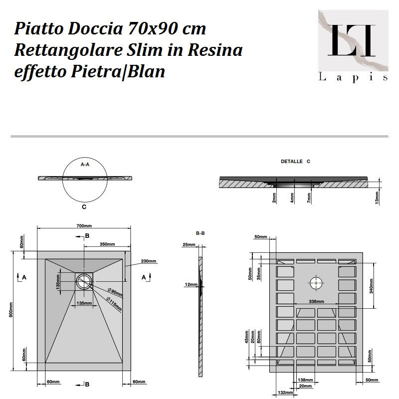 Piatto Doccia Antiscivolo 70x90 cm in Marmoresina  Effetto Pietr