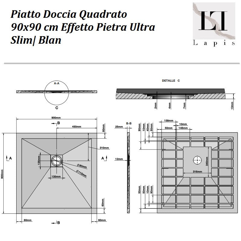 Piatto Doccia Quadrato 90x90 cm Bianco Effetto Pietra Ultra Slim