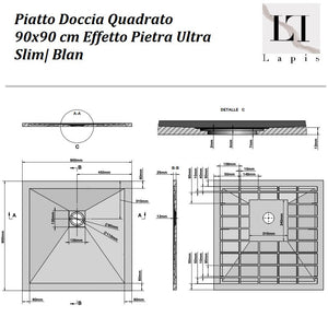 Piatto Doccia Quadrato 90x90 cm Bianco Effetto Pietra Ultra Slim