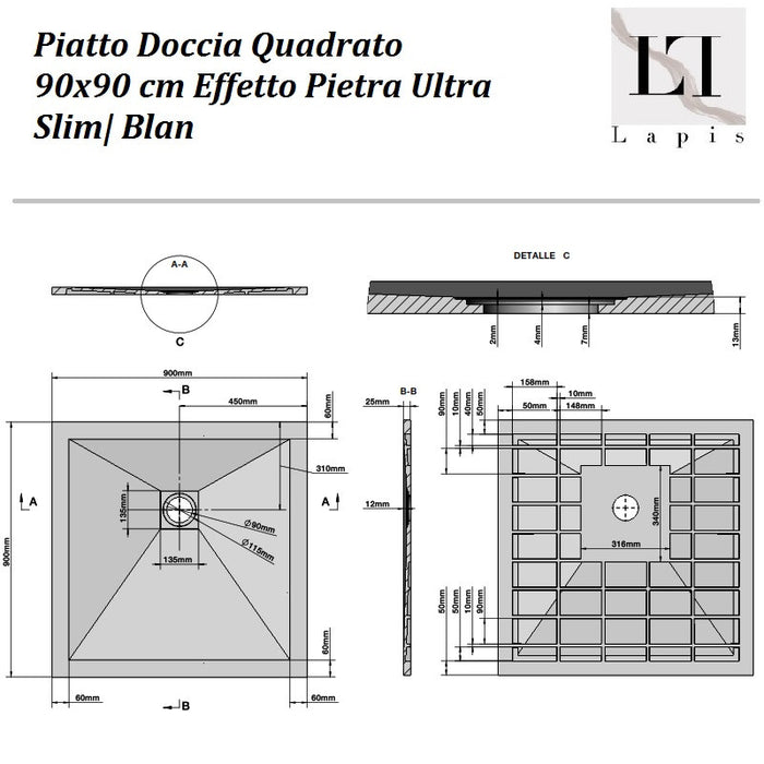 Piatto Doccia Quadrato 90x90 cm Bianco Effetto Pietra Ultra Slim