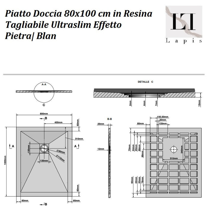 Piatto Doccia Resina Grigio 80x100 cm effetto Pietra| Blan