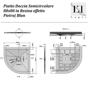 Piatto Doccia Semicircolare 80x80 in Resina effetto Pietra Bianc