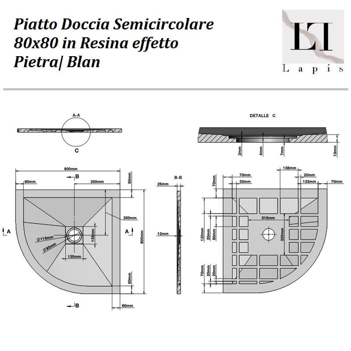Piatto Doccia Semicircolare 80x80 in Resina effetto Pietra Bianc