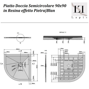 Piatto doccia Semicircolare 90x90 Bianco in Resina effetto Pietr
