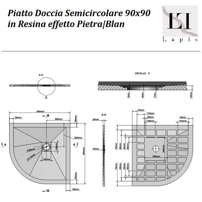Piatto doccia Semicircolare 90x90 Bianco in Resina effetto Pietr