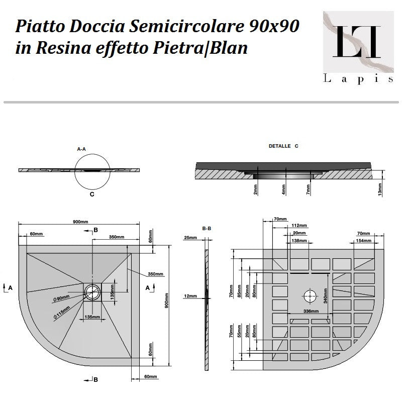 Piatto doccia Semicircolare 90x90 Bianco in Resina effetto Pietr