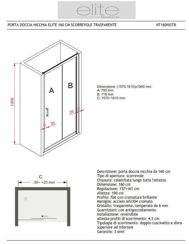 PORTA DOCCIA NICCHIA ELITE 160 CM SCORREVOLE TRASPARENTE