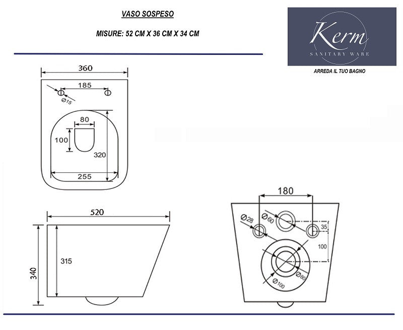 Sanitari Squadrati Sospesi Rimless a Risparmio Idrico con sedile