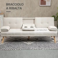 Divano Letto 3 Posti Reclinabile con Rivestimento Effetto Lino e Tavolino a Ribalta, Beige