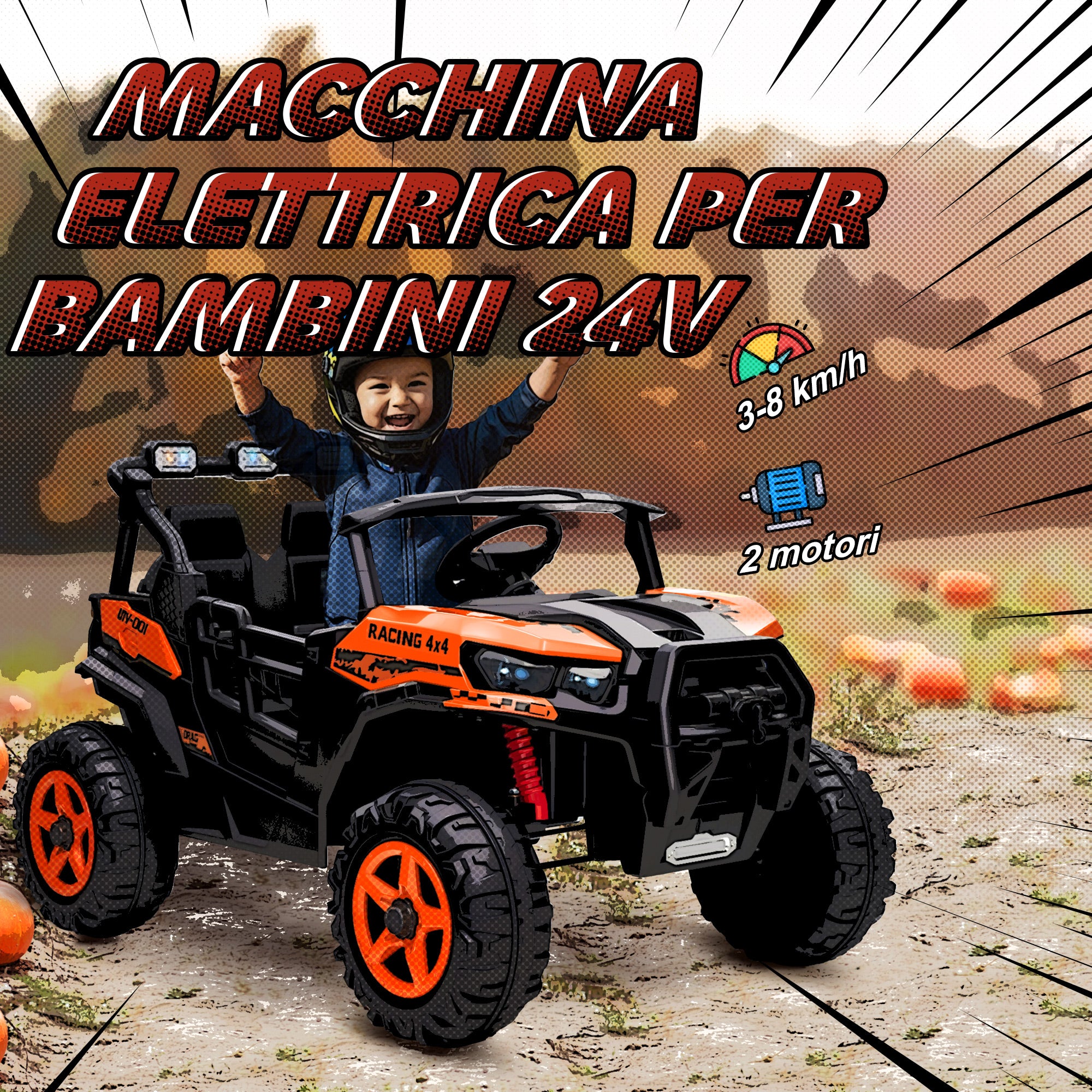 Macchina Elettrica per Bambini 3-8 Anni 24V Fuoristrada a 2 Posti Doppio Motore Telecomando e Soft Start Arancione