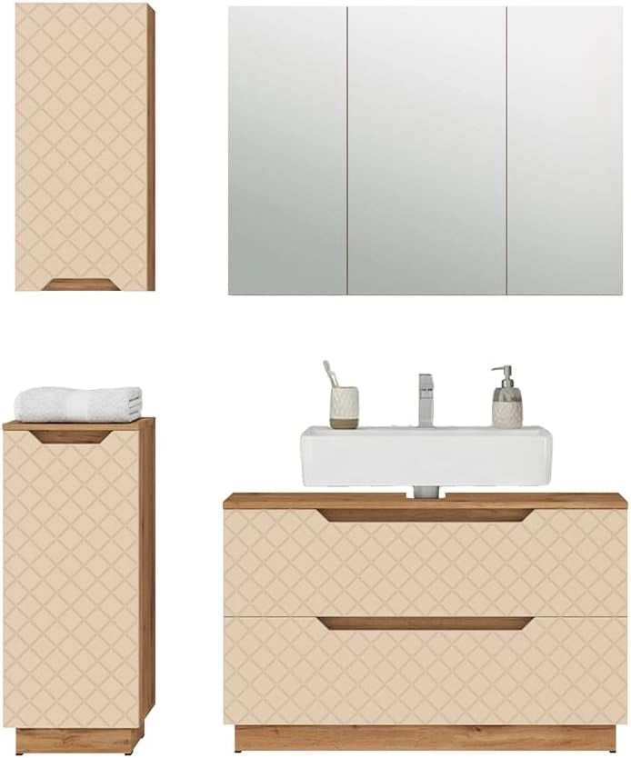 Set di mobili da bagno Lotta, Cachemire, 99.4 cm, composto da mobile sottolavabo, specchiera, armadio medio e pensile