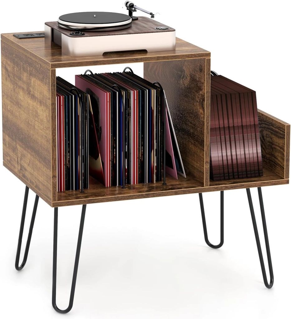 Supporto per Giradischi con Presa di Corrente, Espositore per Dischi con Presa di Corrente e Porta USB, capacità Fino a 145 Album, per Soggiorno e Camera da Letto, 66 x 45 x 67 cm (Marrone)