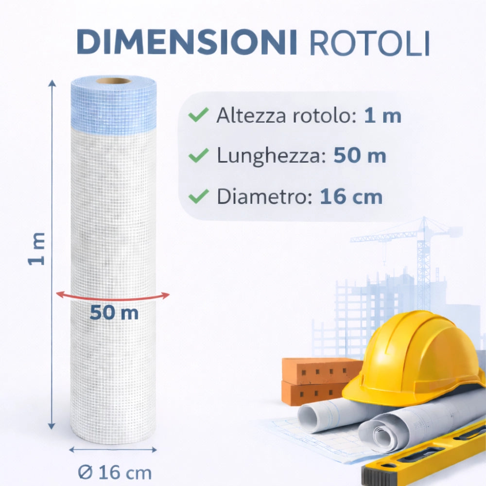 Kit 2 rotoli 1x50 m rete in fibra di vetro per intonaco 150 gr copertura 100 mq