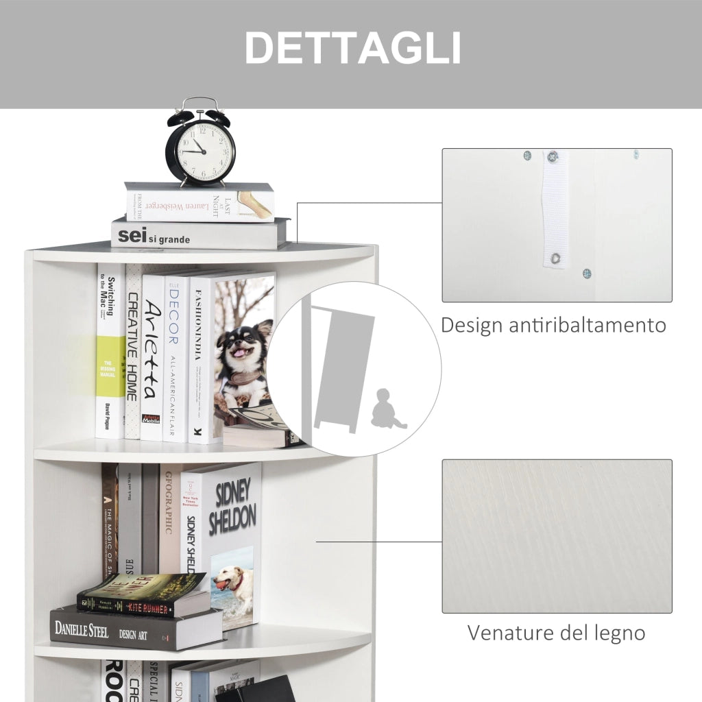 Libreria ad Angolo da Parete e Muro con 4 Ripiani in Legno Bianco 39.5x39.5x120 cm