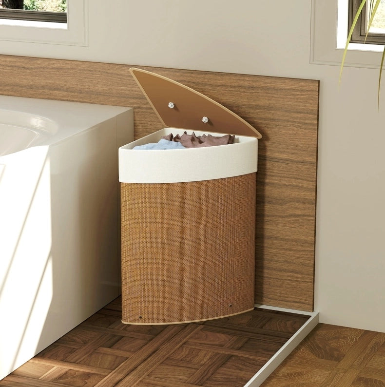 Cesto portabiancheria angolare 35x35x60 cm con coperchio e sacco rimovibile in bambù marrone