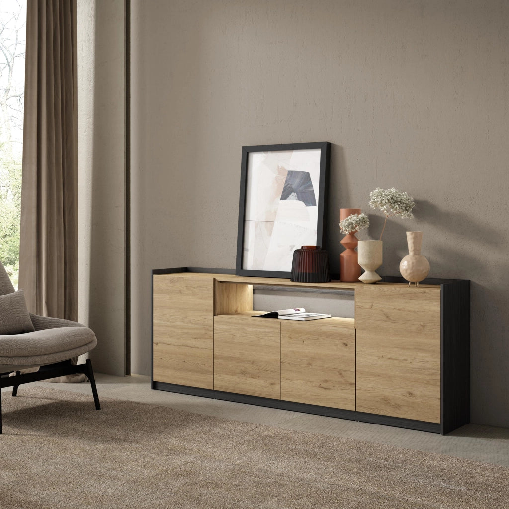 Credenza, Mobile, Cucina, 207x80x37 cm, 4 Porte, LED, Rovere e nero