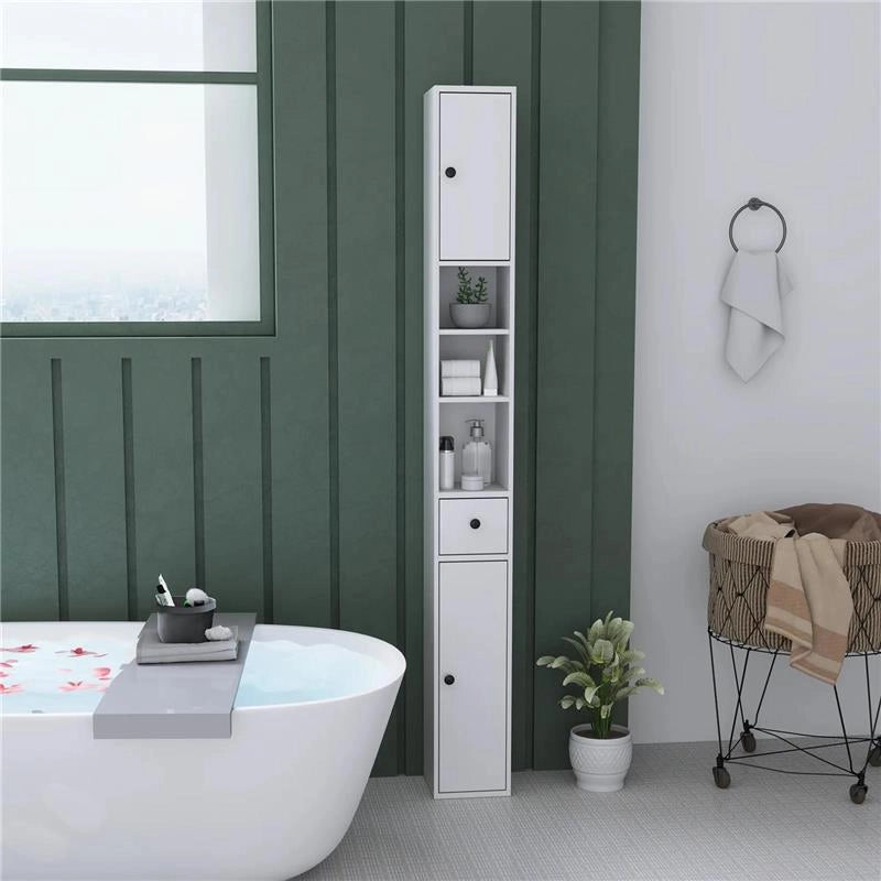 COLONNA BAGNO SALVASPAZIO CON 2 ARMADIETTI 3 RIPIANI APERTI E CASSETTO IN LEGNO 20X20X178 CM BIANCO