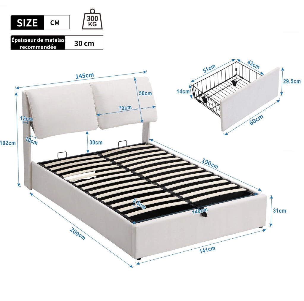 Letto imbottito 140x190 cm beige in velluto con contenitore