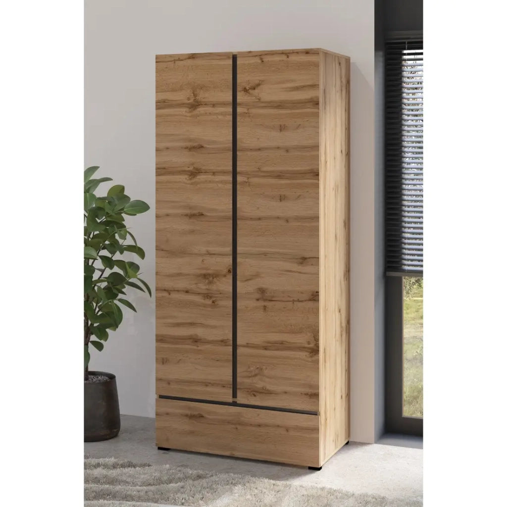Armadio HAVANA 90 cm – Rovere e nero – 2 porte + 1 cassetto – Organizzazione compatta dallo stile naturale