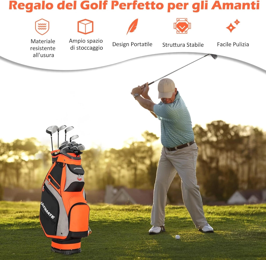 Borsa da Golf Portatile con 14 Divisori Superiori a Tutta Lunghezza, 7 Tasche con Cerniera, Cappuccio Antipioggia, Tracolla, Manico e Portaombrelli, Ideale per Uomini e Donne (Rosso e Grigio)