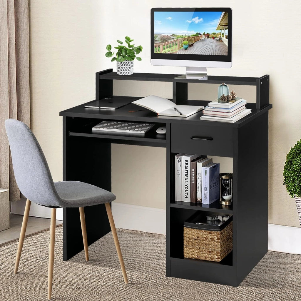 Scrivania per Computer, Tavolo da Lavoro con Supporto per Monitor, Tavolo da Ufficio Moderno con Cassetto e Ripiani, Scrivania per Computer con Spazio (Nero)