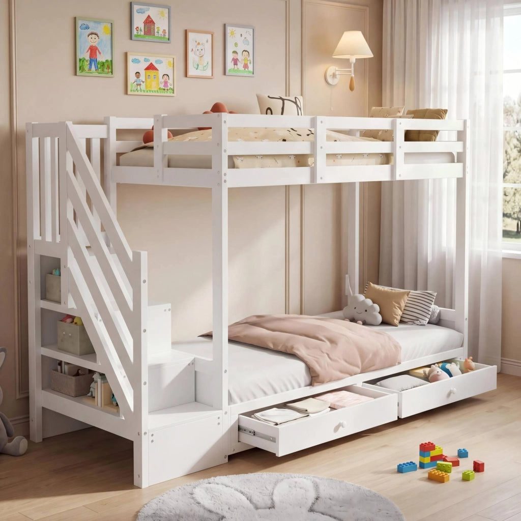 Letto a castello 90x200 cm con divano, scala contenitore e cassetti