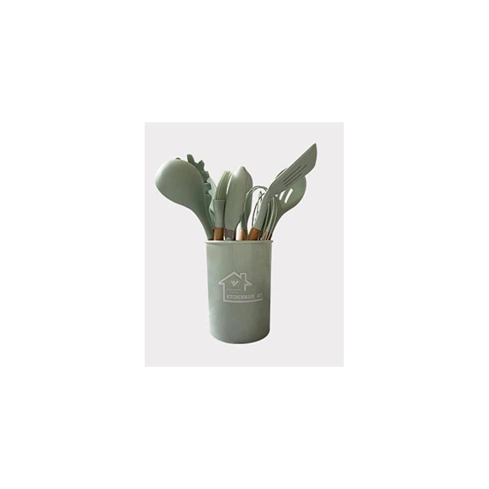 Trade Shop - Set 12 Utensili Da Cucina In Silicone Con Manico Legno Antiaderenti Resistenti -