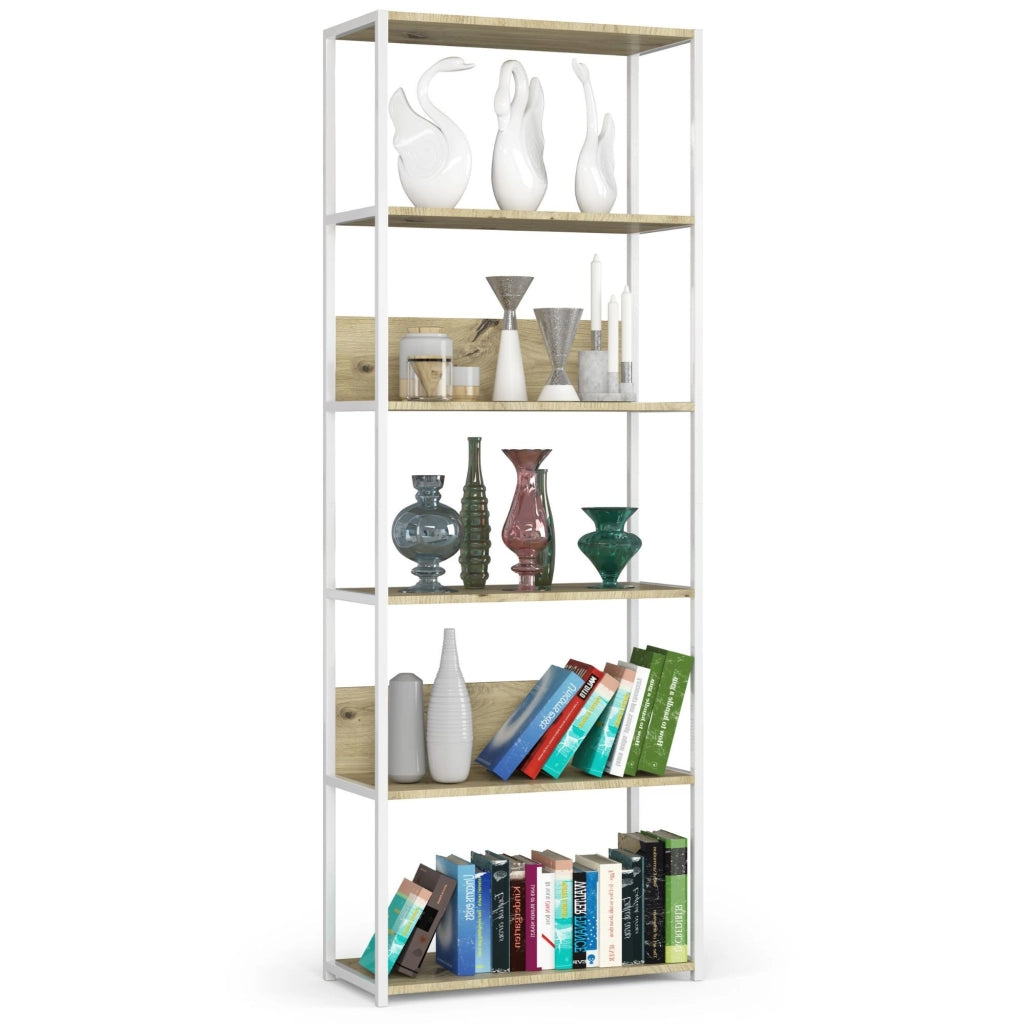 Scaffale stilo loft con ripiani in legno 70 cm Bianca 70 cm inserto frontale Quercia Artisan 70x32x192 cm