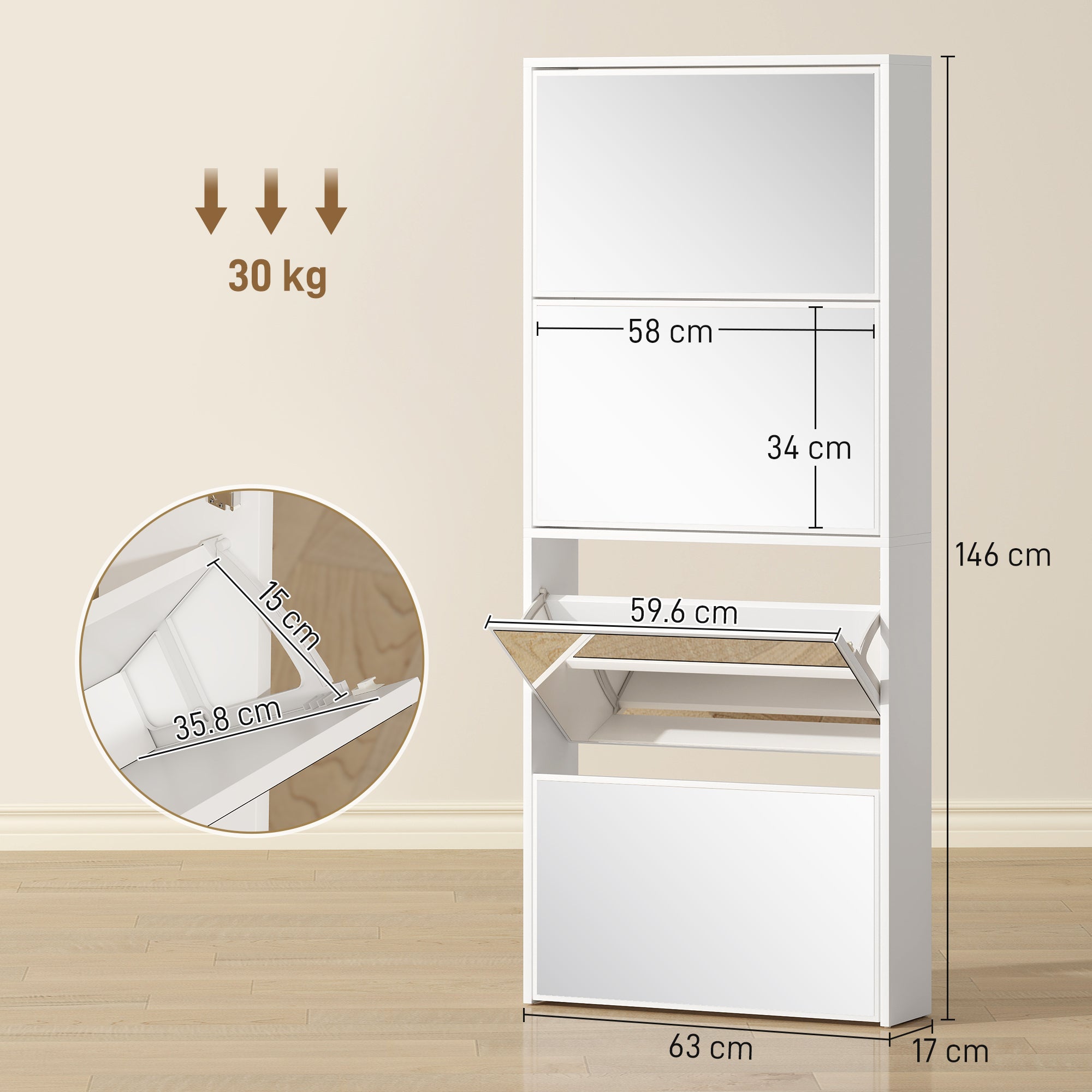 Scarpiera a Specchio 63x17x146 cm a 4 Ante Antiribaltamento in Legno Bianco