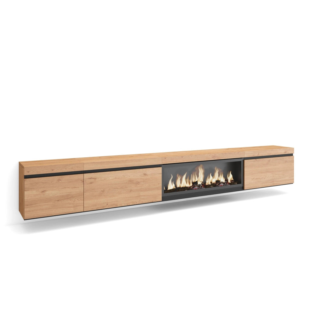 Mobile TV Soggiorno, 317x35x45cm, Camino elettrico XXL, da appendere, colore Rovere RF3677