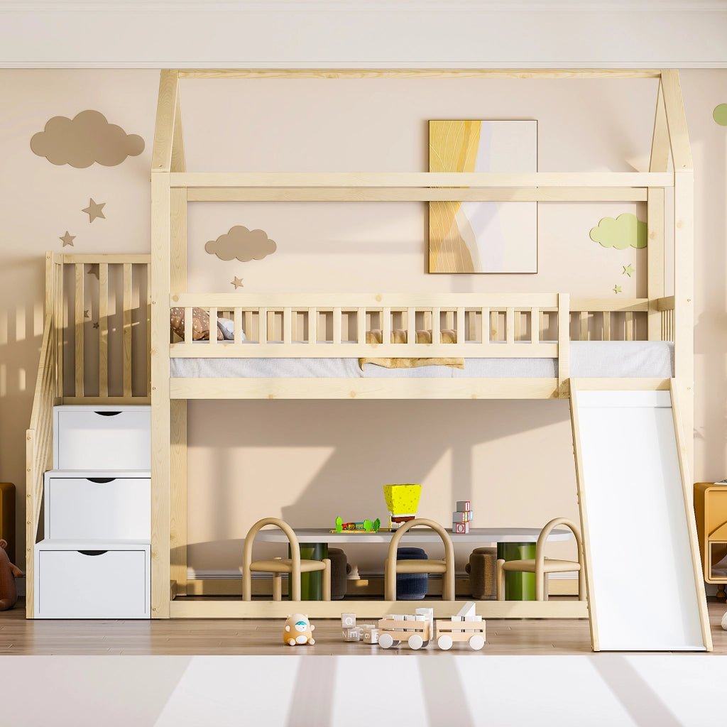 LETTO a soppalco per bambini con scivolo e scala contenitore 90x200 cm legno
