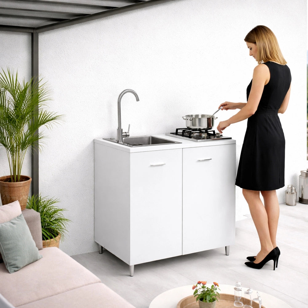 Cucina Completa 80x60cm Bianco Piano Cottura 2 Fuochi Lavello con Rubinetteria