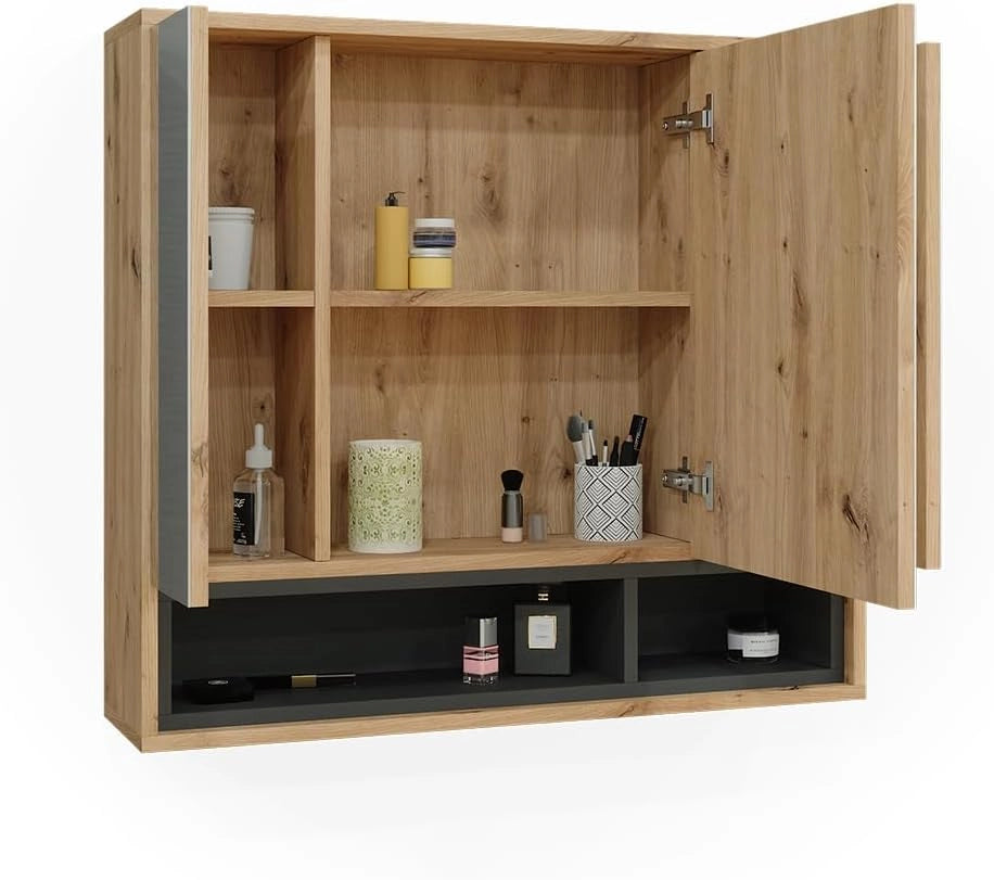 Specchio contenitore bagno Beatrice, Rovere artigianale/antracite, 80 x 72 cm, per montaggio a parete con ripiani aperti