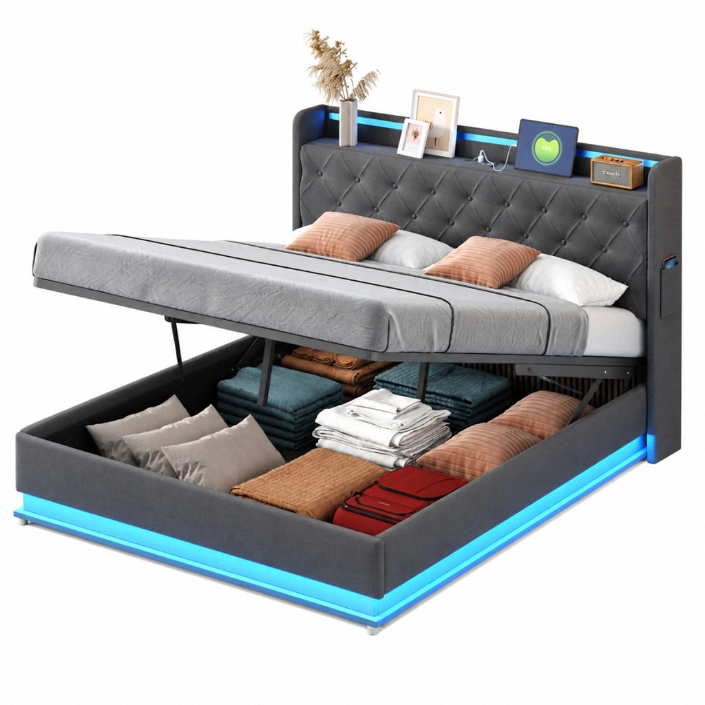 Letto imbottito LED 160x200 cm con USB e contenitore idraulico; tessuto grigio